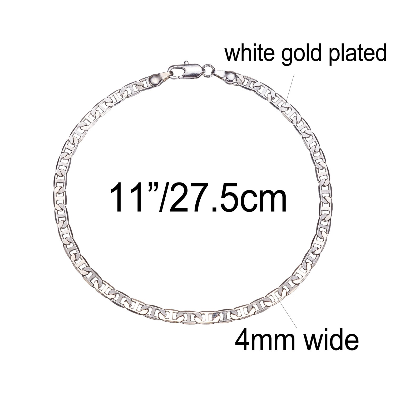 Cor do ouro/cor branca 4.2mm mariner link chain flat anklet, 9 10 11 polegadas tornozelo pulseira para mulher homem à prova dwaterproof água: white gold 11 inches