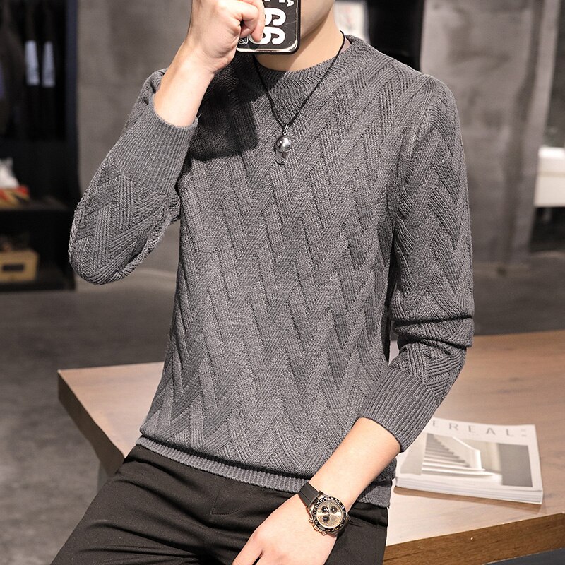 Varm tröja rutig långärmad pullover ml  xl 2xl 3xl tröjor o-ringad casual herr grå brun vit svart röd hel standard ull: Grå / M