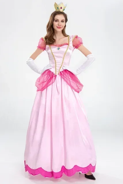 Costume da principessa peach per donna, cosplay, festa di halloween, travestimento, abbigliamento per donna, abito rosa elegante: L