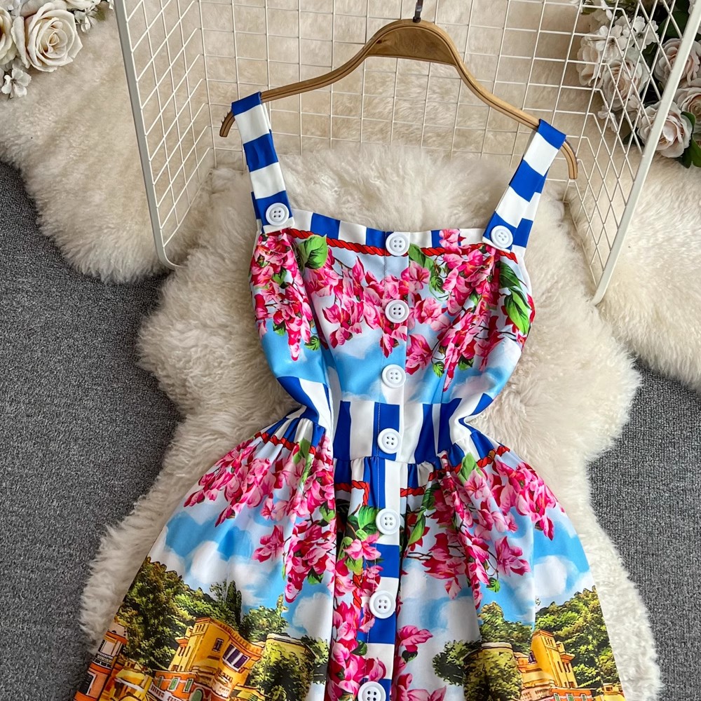 Sexet sommerkjole med off-shoulder-knapper og spaghettistropper til catwalken til kvinder, ærmeløs, blomsterprint, midi-vestidos til stranden