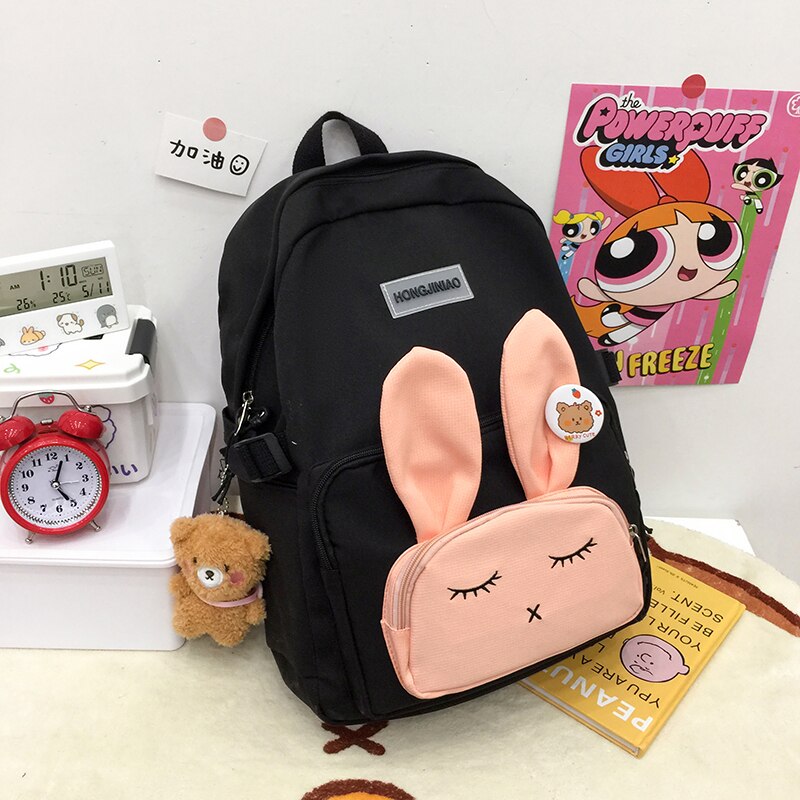 Zaino coniglietto carino da donna 3D zaino da coniglio addormentato impermeabile coreano per zaini animali stile Preppy per studenti adolescenti: Black / With-Accessories