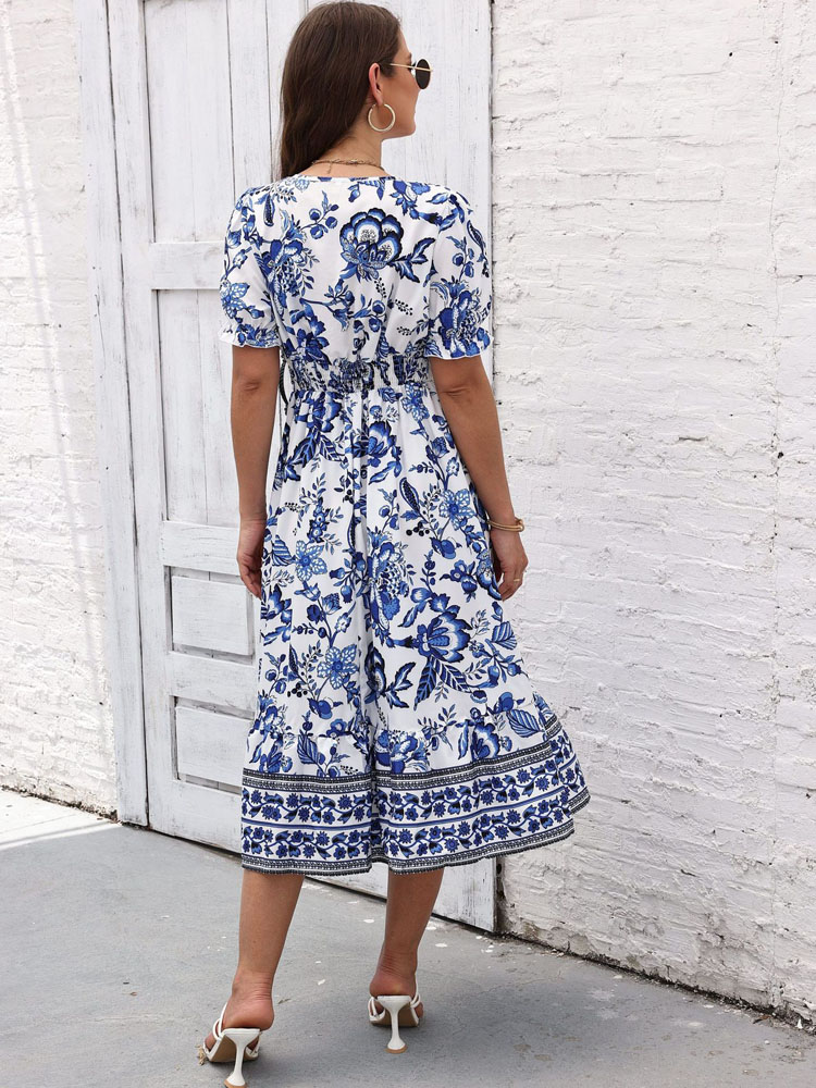FSMG Floral Print V Neck Half Puff Sleeve Boho Maxi Dress Sweet Ethnic Style Beach Long Robe Evening Party Gowns
