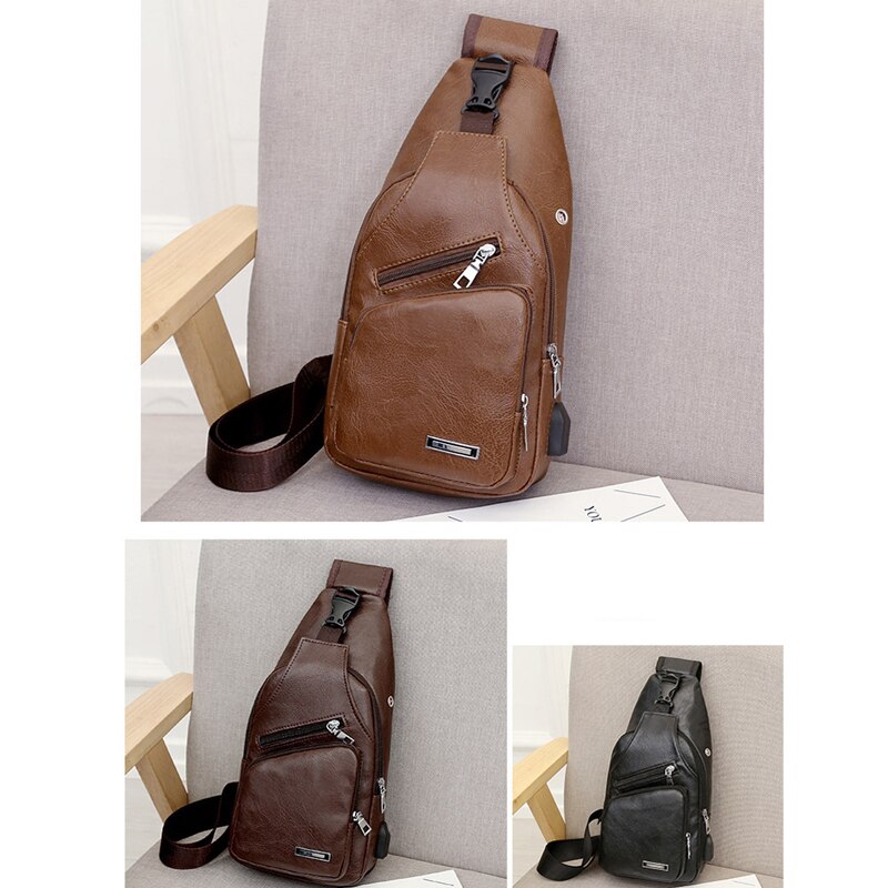 Bolsos de hombro para hombres nueva de Color sólido Casual hombro pecho bolsa de Estuche de transporte de carga USB