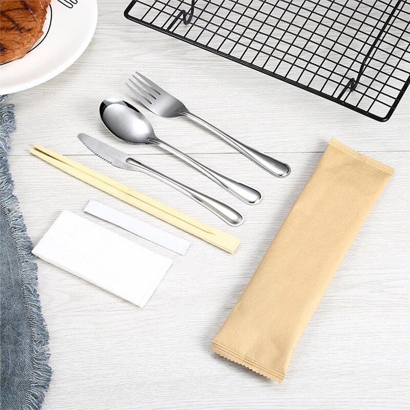 Visual Touch Portable Disposable Wooden Stainless Steel Cutlery Sets Spoon Chopsticks Travel Picnic Forks Restaurant Dinnerware