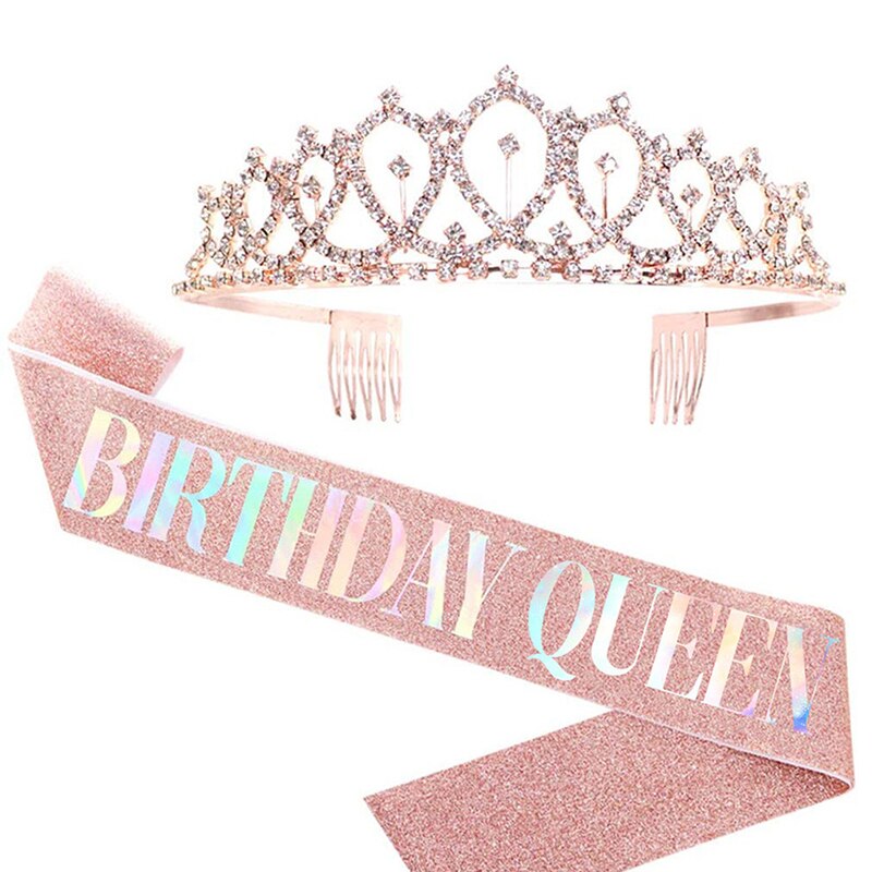 Bling Rhinestone Crystal Crown Tiara Birthday Anniversary Decoration Happy 18 21 30 40 50th Birthday Satin Sash Party Supplies: MCB