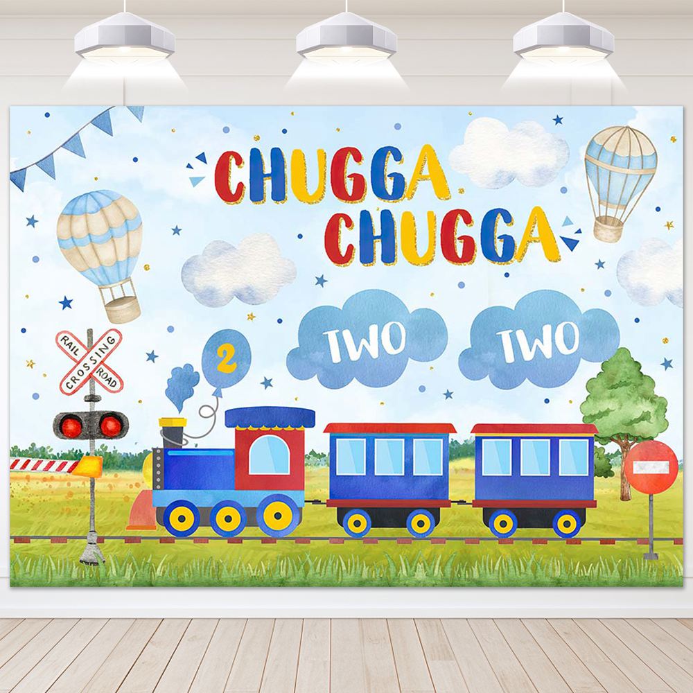 Mocsicka Choo Choo Train Kids 2nd Birthday Background Hot Air Balloon Boy Two Cake Smash Portrait Photography Background Photocall
