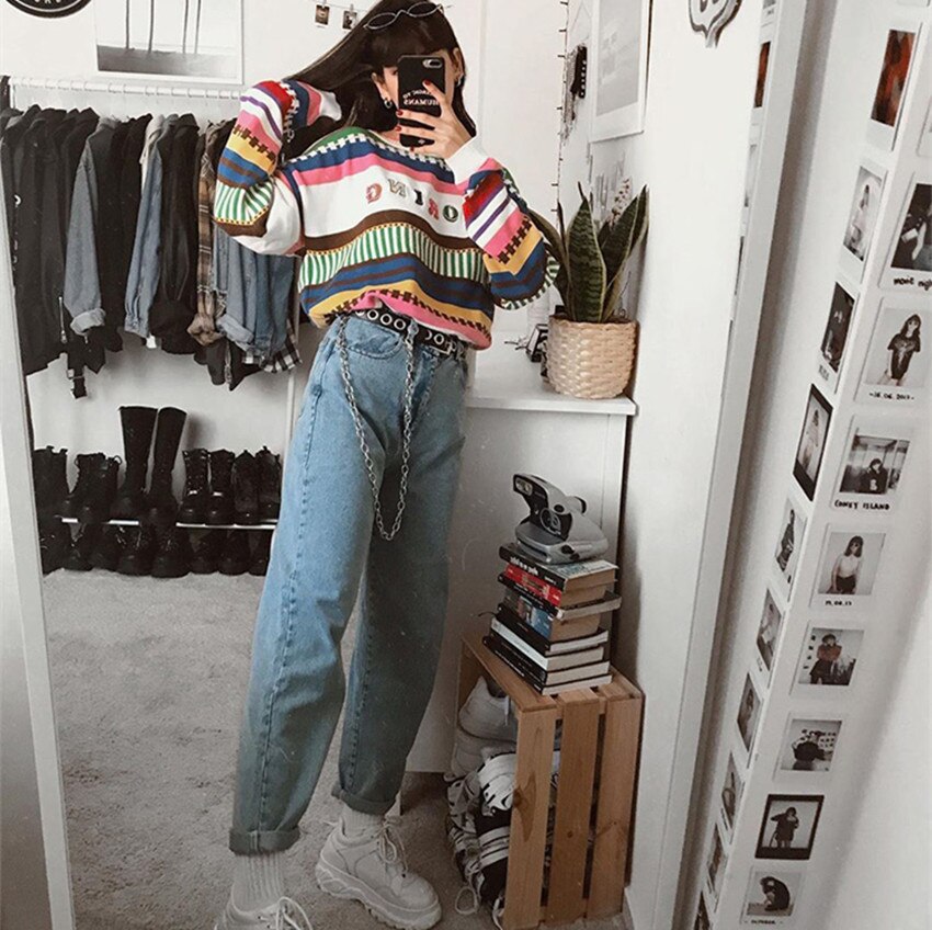 Retro denim løse mom jeans  y2k bukser lomme engel print baby blå høy midje bukser dame pantalon