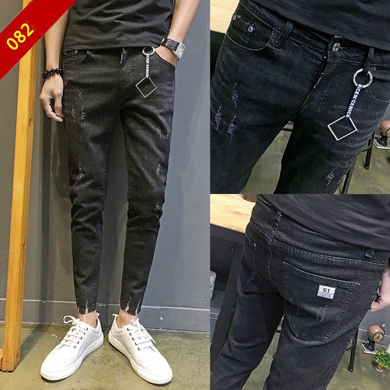 Jeans mandlige revet hul forår efterår ankel længde bukser teenagere koreanske slanke fødder skinny jeans mænd blyant bukser