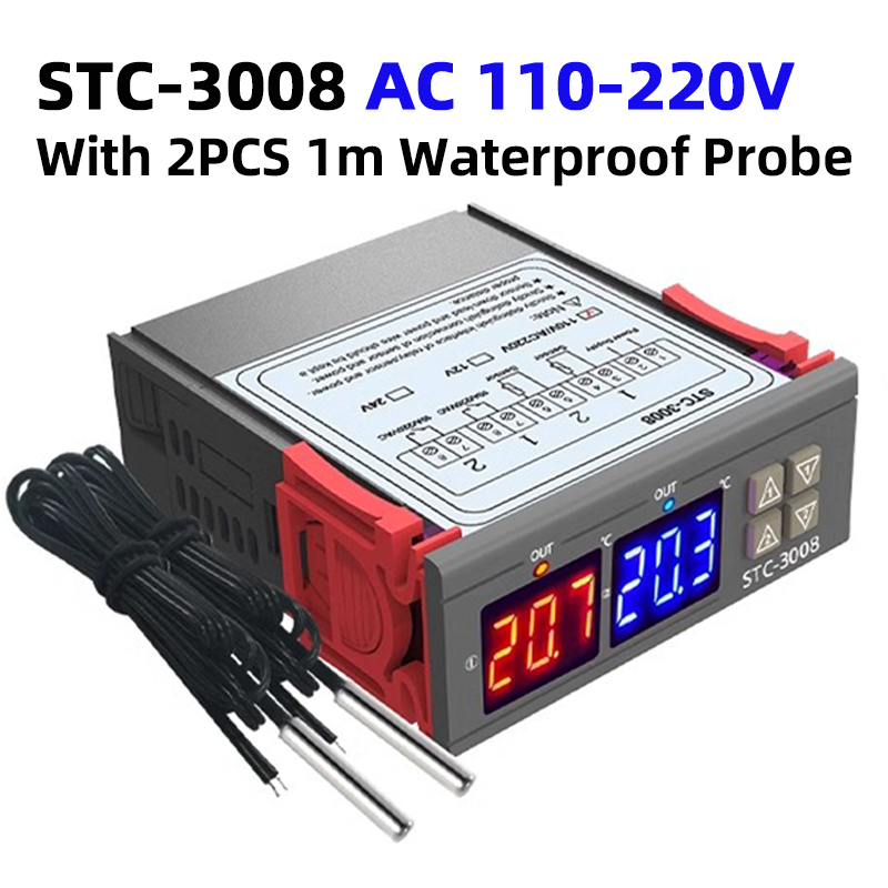 Controlador de temperatura Digital Dual STC-3008, calentador de termostato de dos salidas de relé con sonda de 12V, 24V, 220V, calor frío para refrigerador doméstico