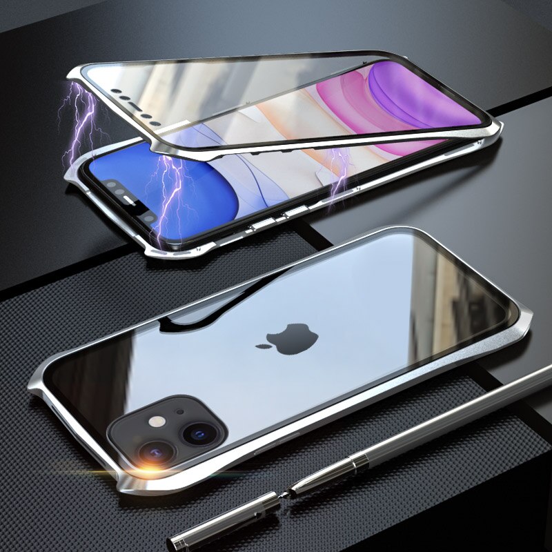 360 Volledige Beschermhoes Voor iphone 11 case Metalen Magnetische Adsorptie Voor iphone 11 pro max Gevallen Cover Bumper Coque: For iPhone 11 Pro / Silver 360