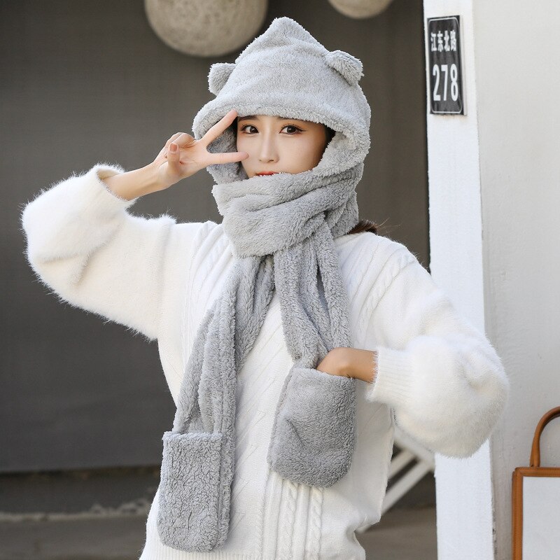 Women Cap Caps Warm Cute Bear Ear Hat Casual Plush Hat Scarf Set Casual Novelty Beanies Solid Winter WomenAC2164: Gray