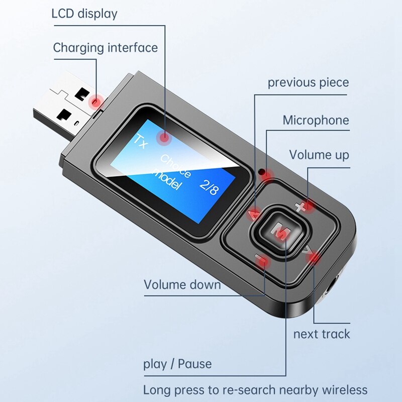 5.0 Bluetooth Adapter LED Screen Wireless Audio Bluetooth Transmitter Receiver for PC TV Car 3.5mm AUX Music Sender