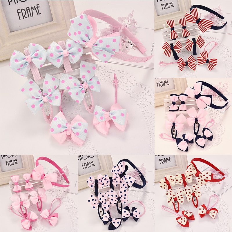 7 teile/satz Kinder Haar Clip Set für Geburtstag Streifen Dots Muster Haarnadeln Nette Haar Seil Mädchen Headwear Haar Zubehör set
