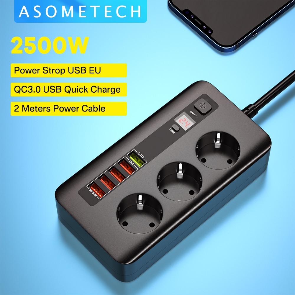 Multiprise USB QC3.0 avec 3 prises EU, Station de Charge rapide pour ordinateur portable, iPhone, Samsung