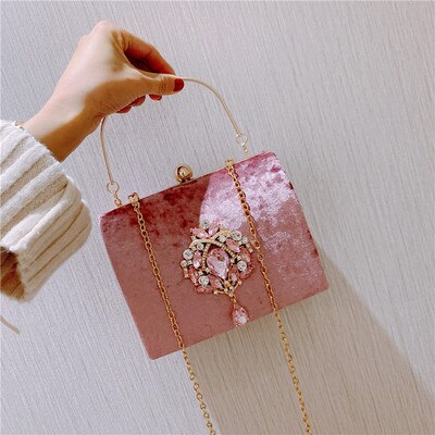 Luxury Boxed Evening Bag Velvet Retro Square Handbag Female Diamond Clutch Bag Gold Wedding Party Purse: pink