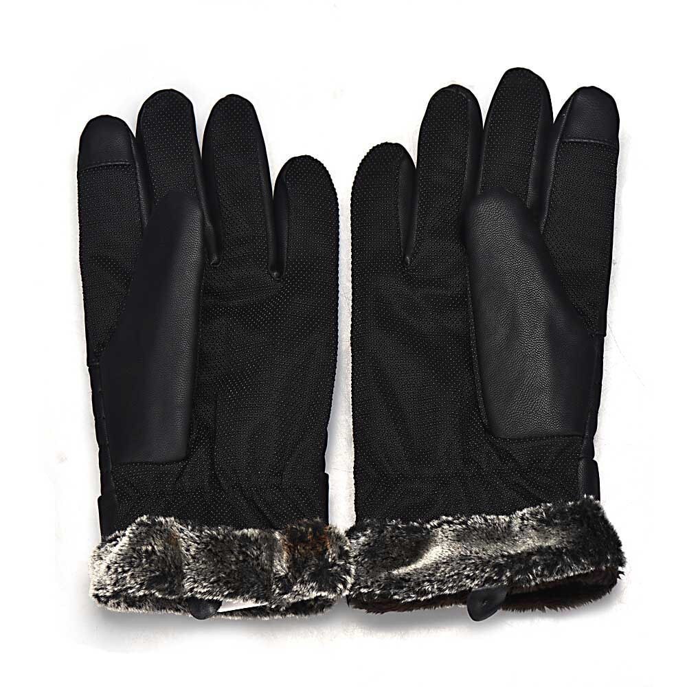 PU Leather Fur Gloves For Men Winter Autumn Warm Thermal Wool Fleece Snow Mittens Outdoor Five Finger Touch Screen Wrist Gloves