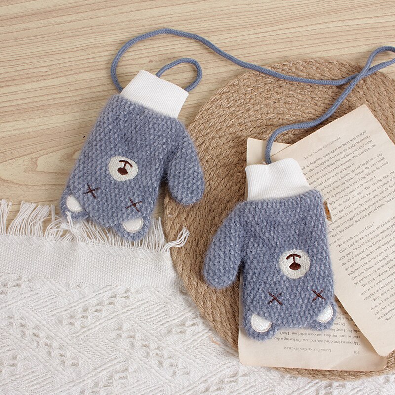Girl Gloves Korean-Style Cartoon Bear Rabbit Children's Knitted Winter Warm Baby Halter Knitting Wool Gloves 2-6T