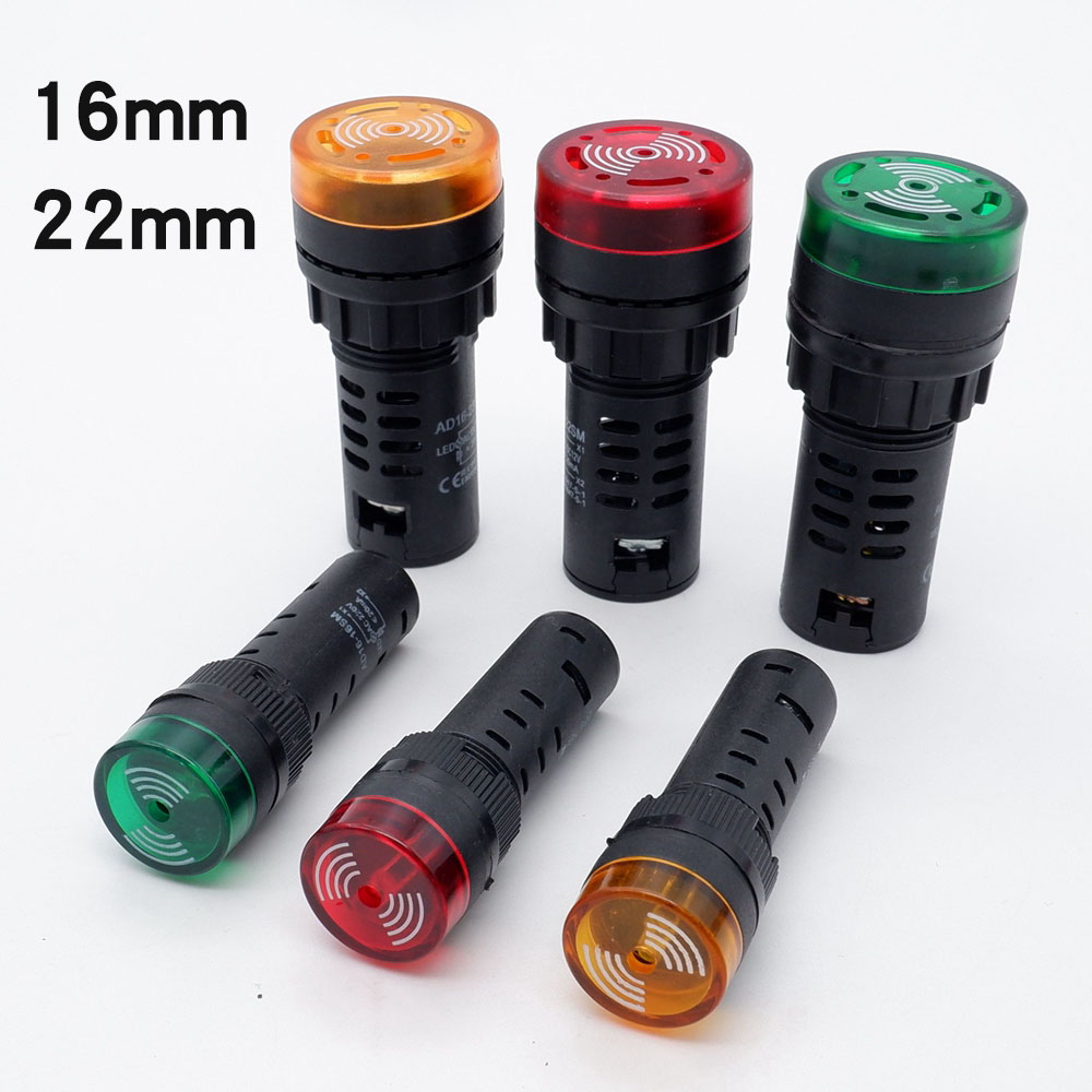Buzzer 16mm 22mm, stroboscope, indicateur d'alarme, son 12V 24V 220V, voyant d'avertissement sonore Intermittent, jaune, rouge, vert
