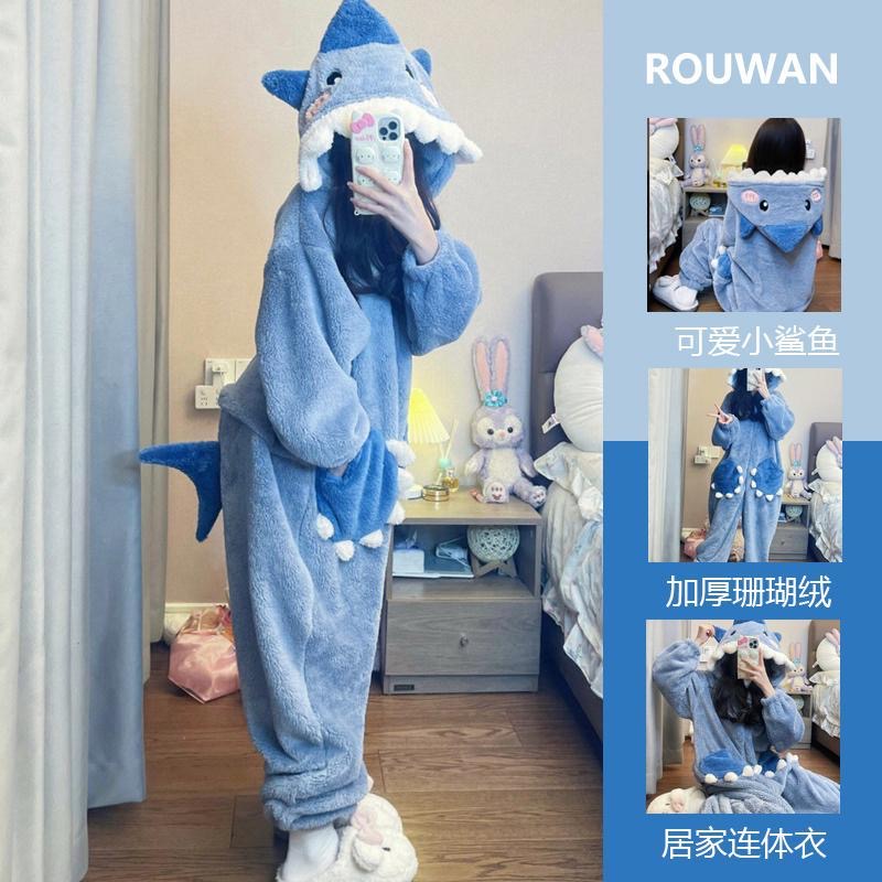 Cartoon Schattige Haai Dames Pyjama Flanellen Capuchon Nachtkleding Pijama Jumpsuit Dames Set Schattige Pyjama Halloween Party Loungewear: King