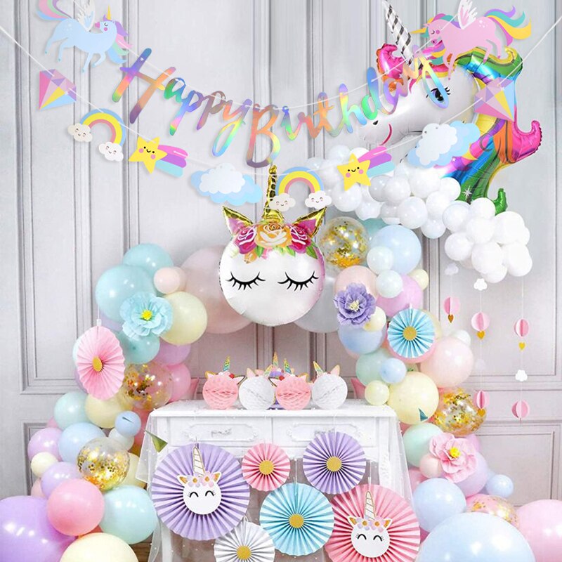 Guirnalda de papel con de unicornio para de cumpleaños, banderines con temática de cumpleaños para niños, decoración para de cumpleaños, 1er Baby Shower, bandera colgante