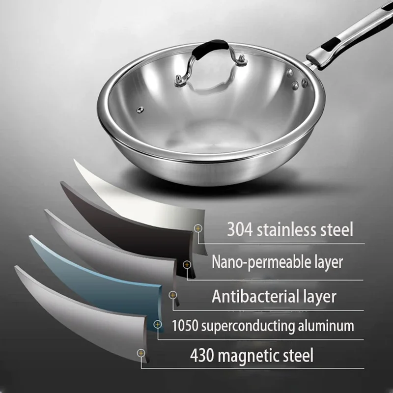 32cm ångfria non-stick wokpannor 304 stekpanna i rostfritt stål med glaslock hushålls-obelagrad wok-spis gaslämplig