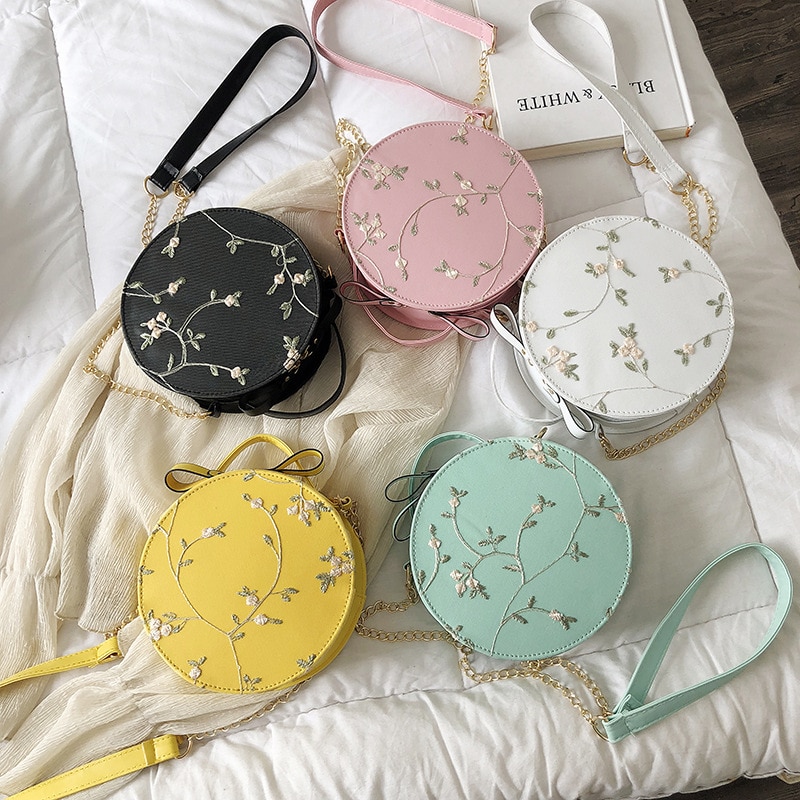 Sweet Lace Round Handbags PU leather Women Crossbody Bags Female Small Fresh Flower Chain Shoulder bag