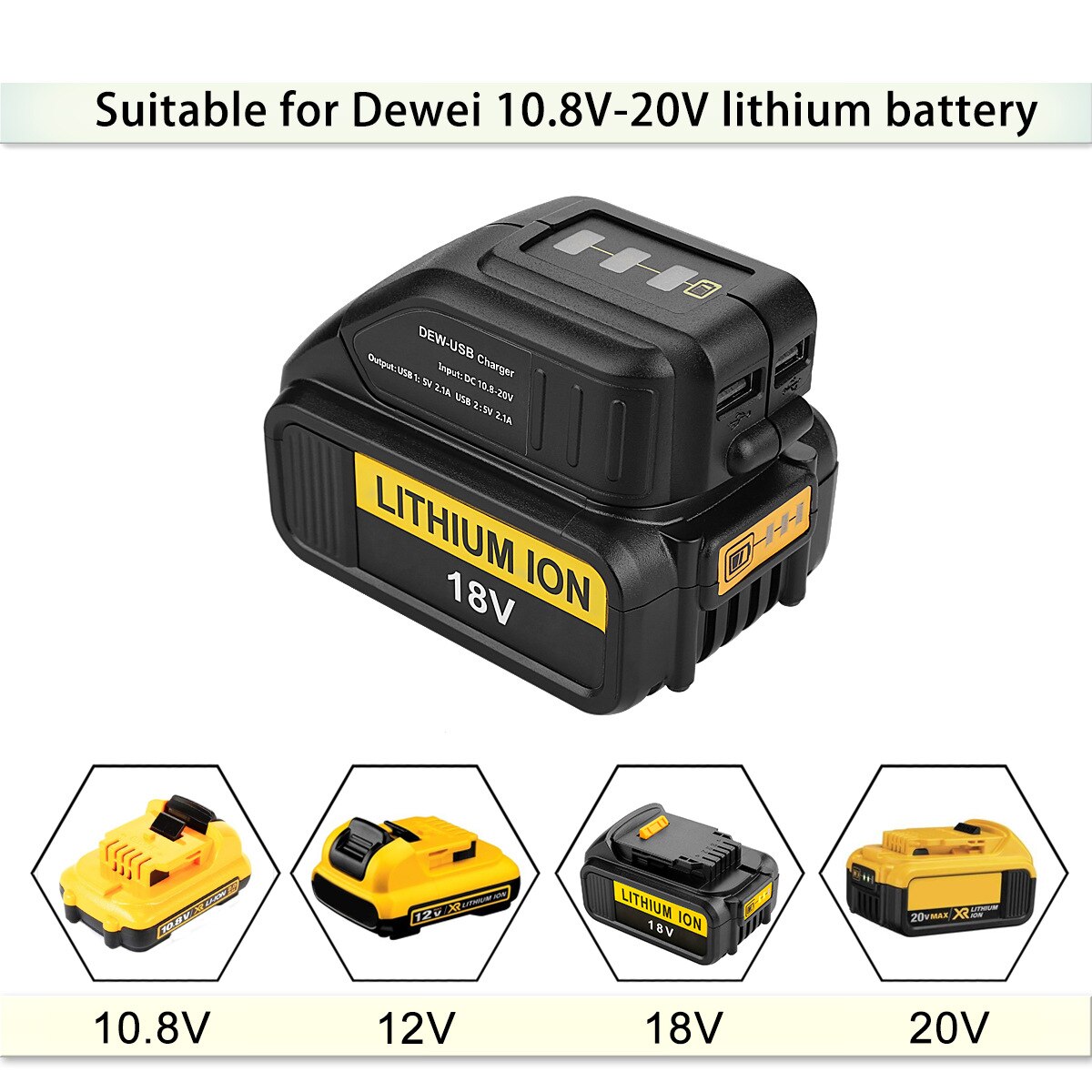 Dual USB DC 12V Port with LED Display Battery Converter Adapter for DEWALT 10.8-20V Li-Ion Battery