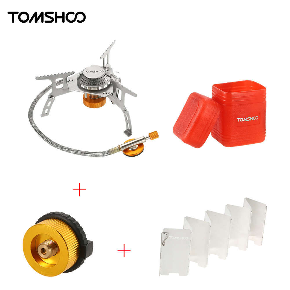 TOMSHOO Camping Equipment Gas Stove Kit Foldable Backpacking Camping Gas Burner Windproof wood stove Gas Adapter Cookware: style 1