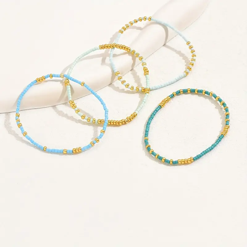 4 Uds. De cuentas de semillas de Color turquesa, conjunto de pulsera elástica, cuentas de cristal de Color dorado bohemio, joyería elástica hecha a mano para vacaciones para niñas