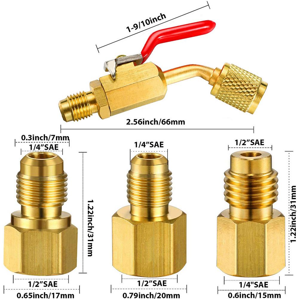 6 Pcs Air Conditioning Refrigerant Angled Compact Ball Valve 1/4 Inch For R410A R134A R12 R22 AC HVAC Charging Hoses Manifolds