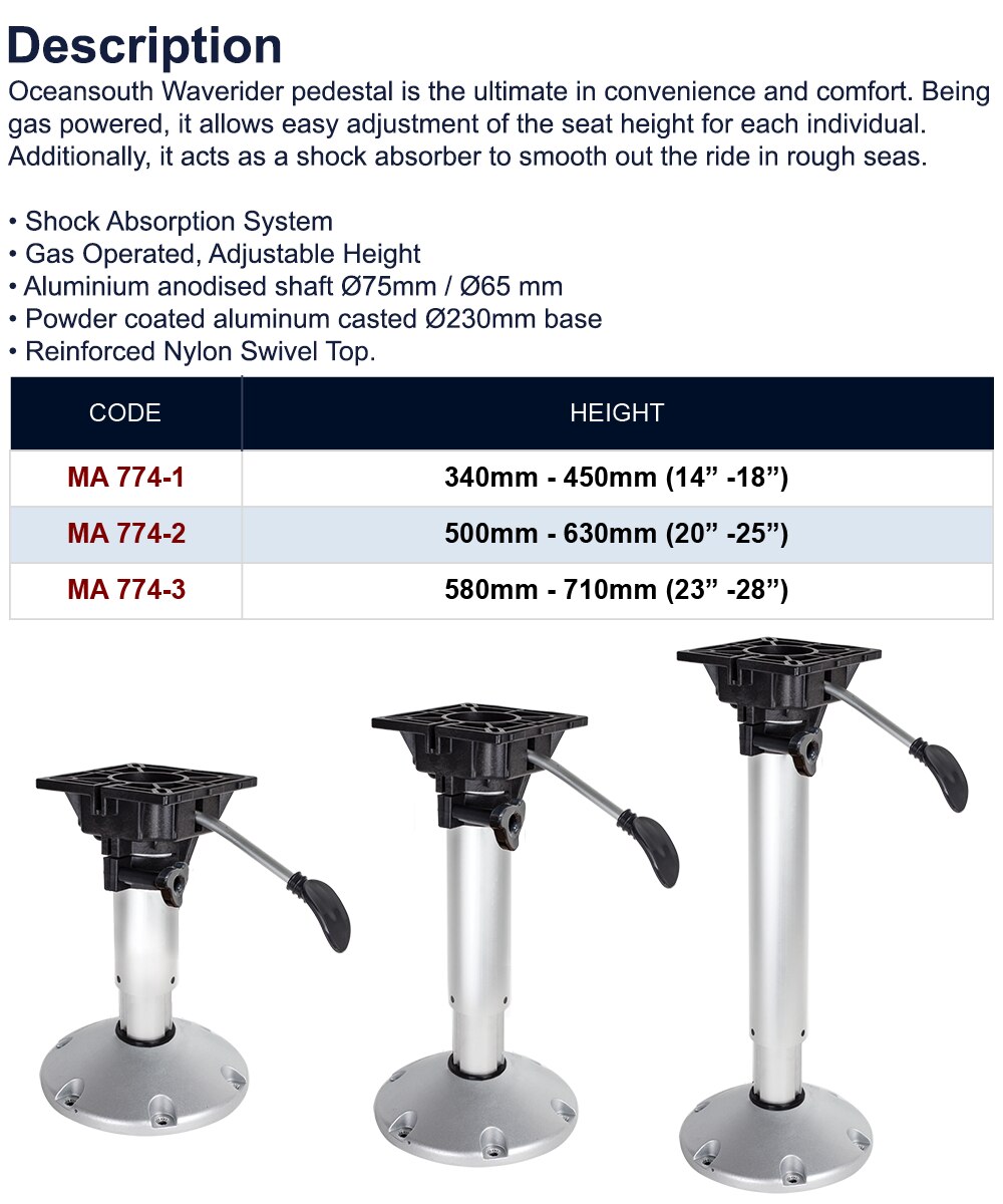Oceansouth Waverider Pedestal Aluminium Anodised Shaft Shock Absorption System Swivel Top Adjustable For Standard Boat Seats