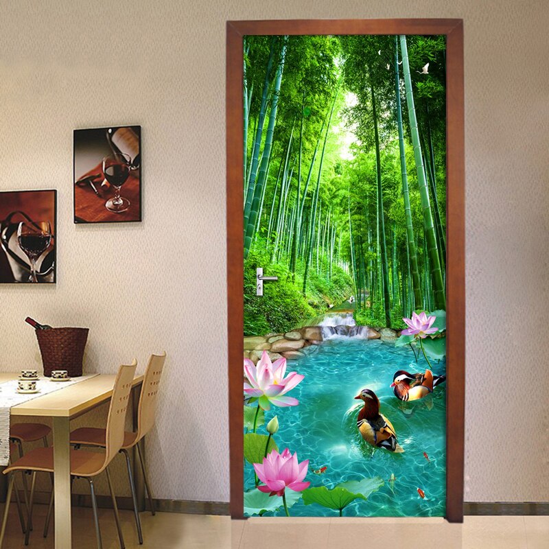 Pvc Self-Adhesive Waterproof 3D Door Sticker Bamboo Forest Lotus Pond Wallpaper 3D Door Mural Living Room Bedroom Home Decor
