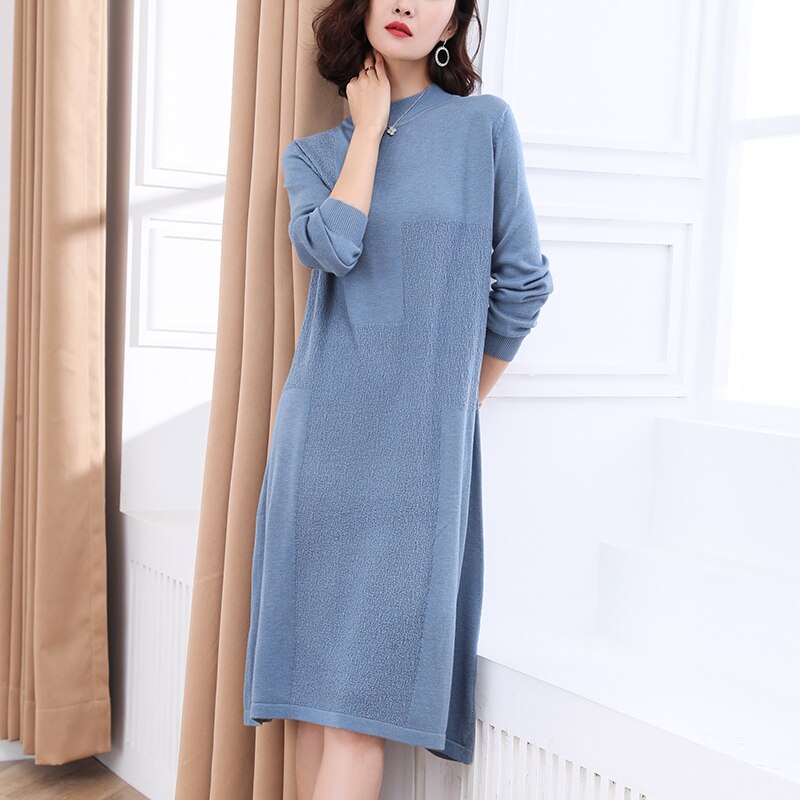 Women Autumn Winter solid wool Dress Long Sleeve loose Knitted Sweaters turtleneck Dresses