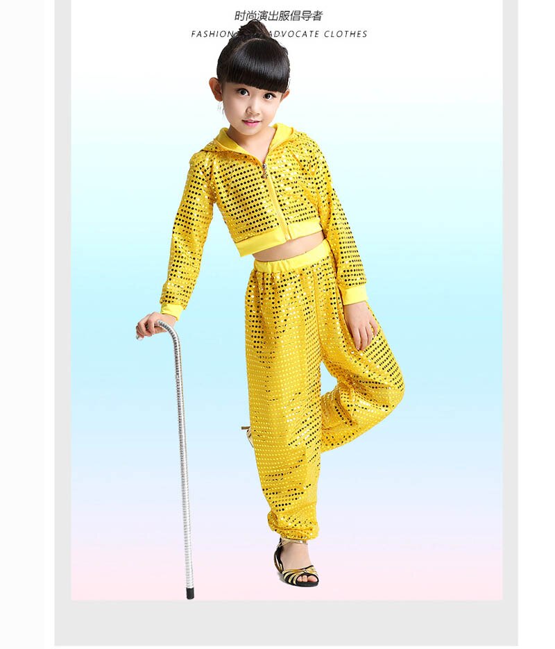 Kid girl boy hip hop dance costume glitter long sleeve stage jazz costume hiphop Suit children ballroom Top Hooded and Pants: yellow / XL