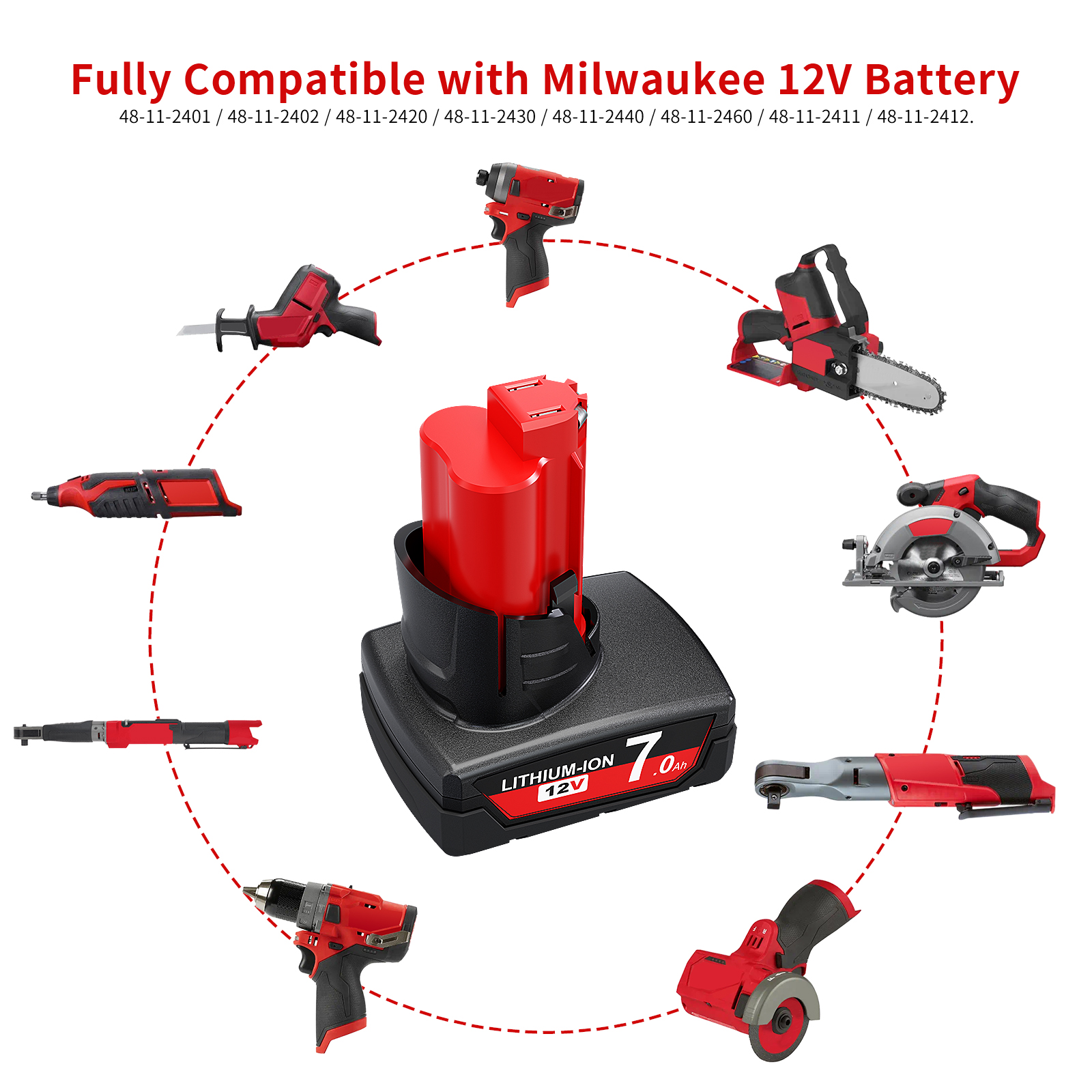 for Milwaukee M12 Battery 12V 7.0AH/8.0AH Replacement Batteries for Milwaukee M12 48-11-2401 48-11-2402 48-11-2411