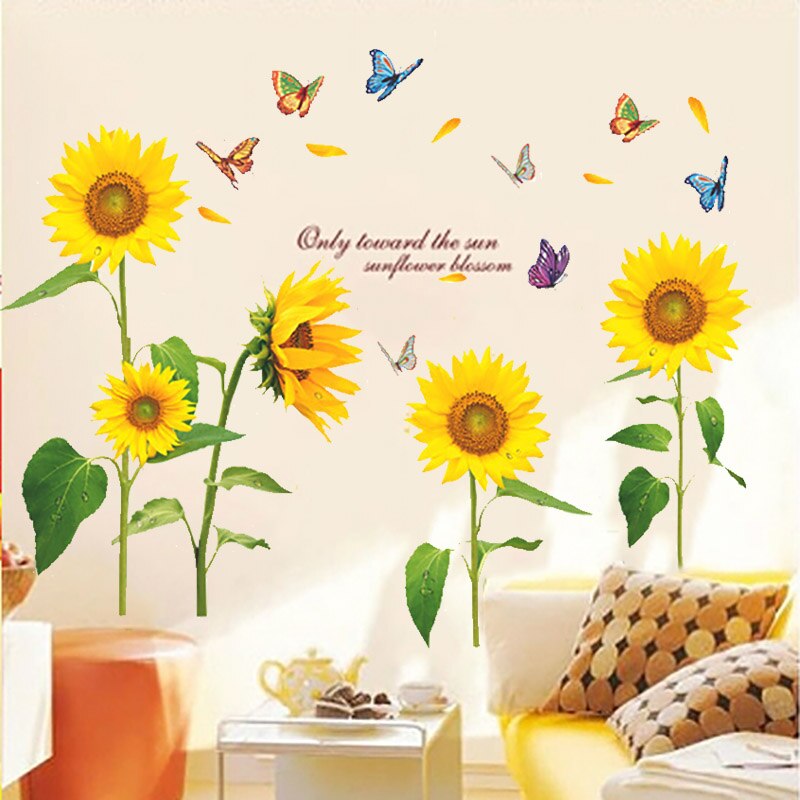 Muurstickers Stickers, Grote muursticker zonnebloem vlinder