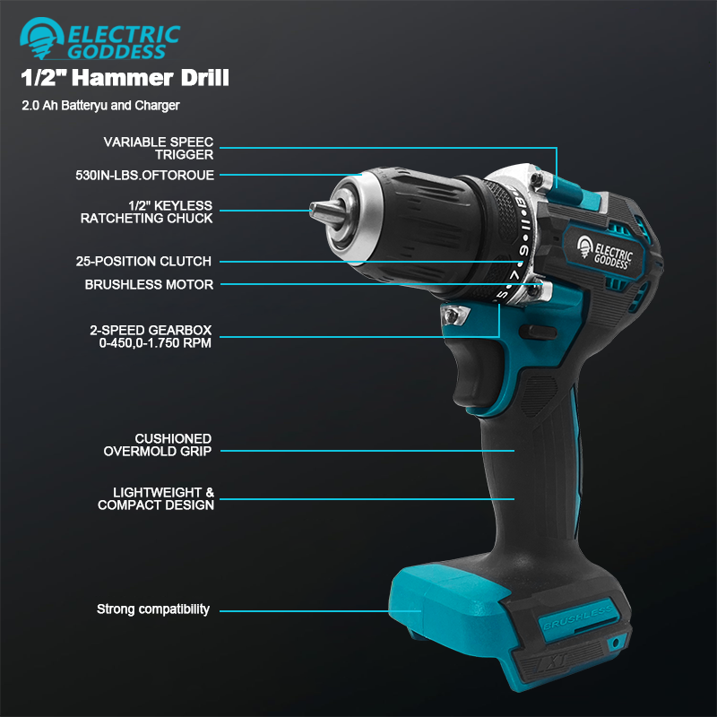Taladro inalámbrico de 1/2 pulgada y 1700RPM, taladro percutor compacto, motor sin escobillas, accionamiento eléctrico de litio, adecuado para batería Makita de 18V