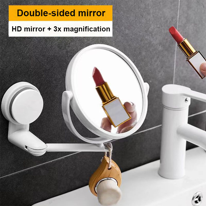 Espejo de baño sin taladro montado en la pared, 360 ° Espejo de tocador plegable giratorio de doble cara para organizador de maquillaje de dormitorio (blanco): YELLOW