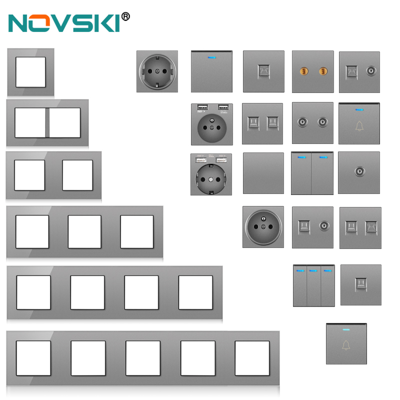 Novski wall mounted module DIY European standard gray crystal glass panel socket switch button function module combination