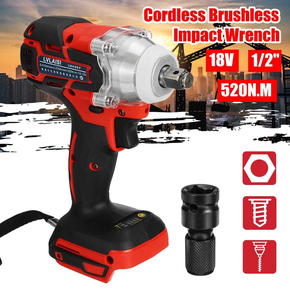 18V 520N.m. Li-Ion Cordless Impact Wrench Driver 1/2'' Electric Wrench Replacement for Makita Battery