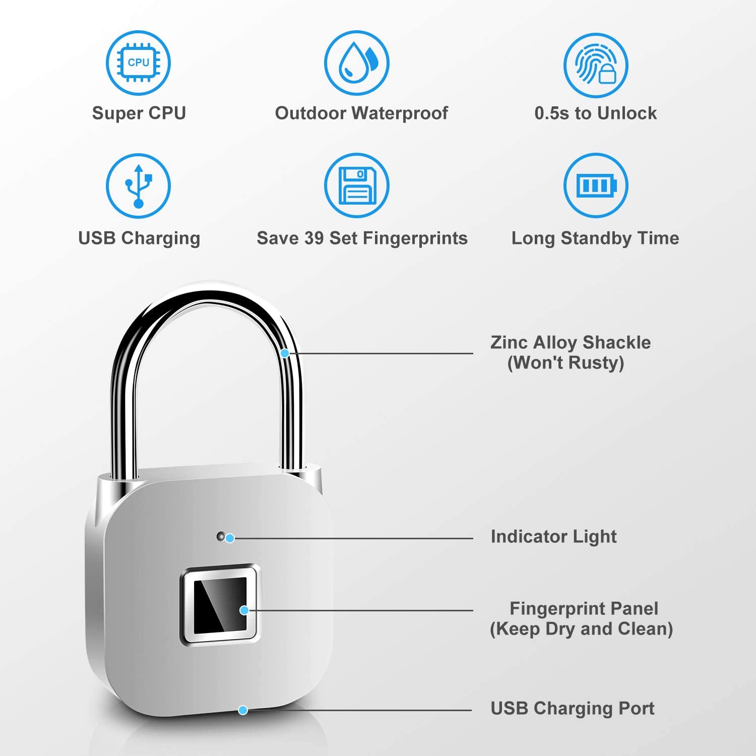 Ingerprint Vorhängeschloss Elektronische Türschloss Fingerabdruck Anerkennung Clever Keyless Wasserdichte Sicherheit Anti-Diebstahl Vorhängeschloss Weit Verbreitet