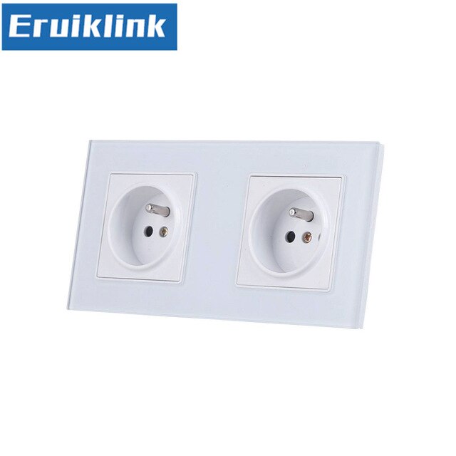EU standard double gang power socket,France type wall socket.white Tempered glass panels ,16A wall plug outlet AC110-250V