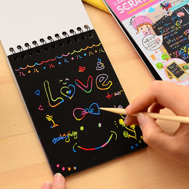 Scratch Paper DIY Painting Art Doodle Pad Children Educational Toys Drawing for Children Fun Kids Colorful Black with Wood Stick