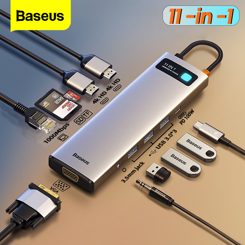 Baseus 11 in 1 USB C HUB Multi HUB Ethernet Network PD 100W Type C Docking Station Splitter USB 3.0 Adapter For Macbook Surface