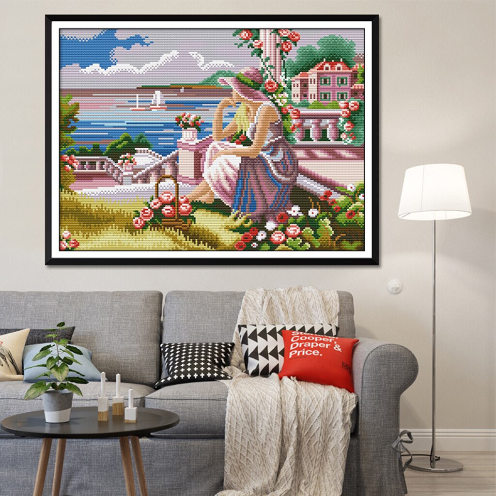 Flower &amp; Girl Stamped Cross Stitch Kit DIY Handmade Needlework for Beginners Kids Adults