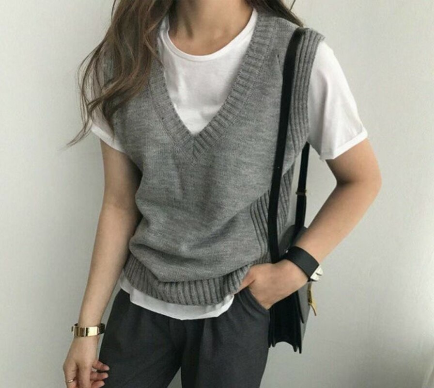 Høstgenser damevest koreansk elegant v-hals strikket genser kvinne solid høst vinter vintage ermeløs casual genser