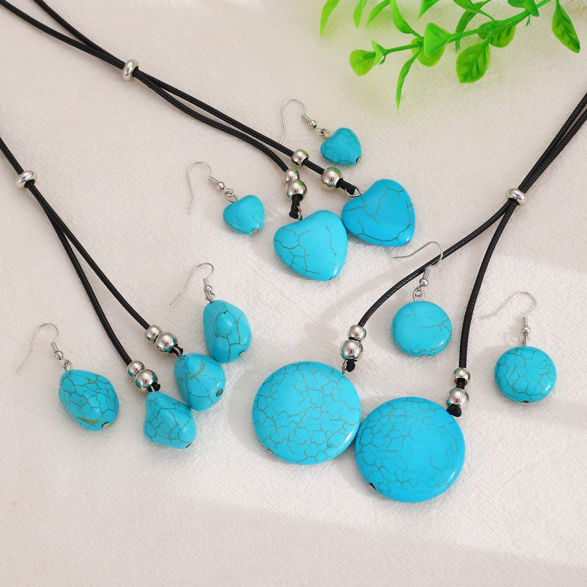 Parure Coeur En Porcelaine Howlite Bleu Turquoise - Collier Et Boucles D'oreilles