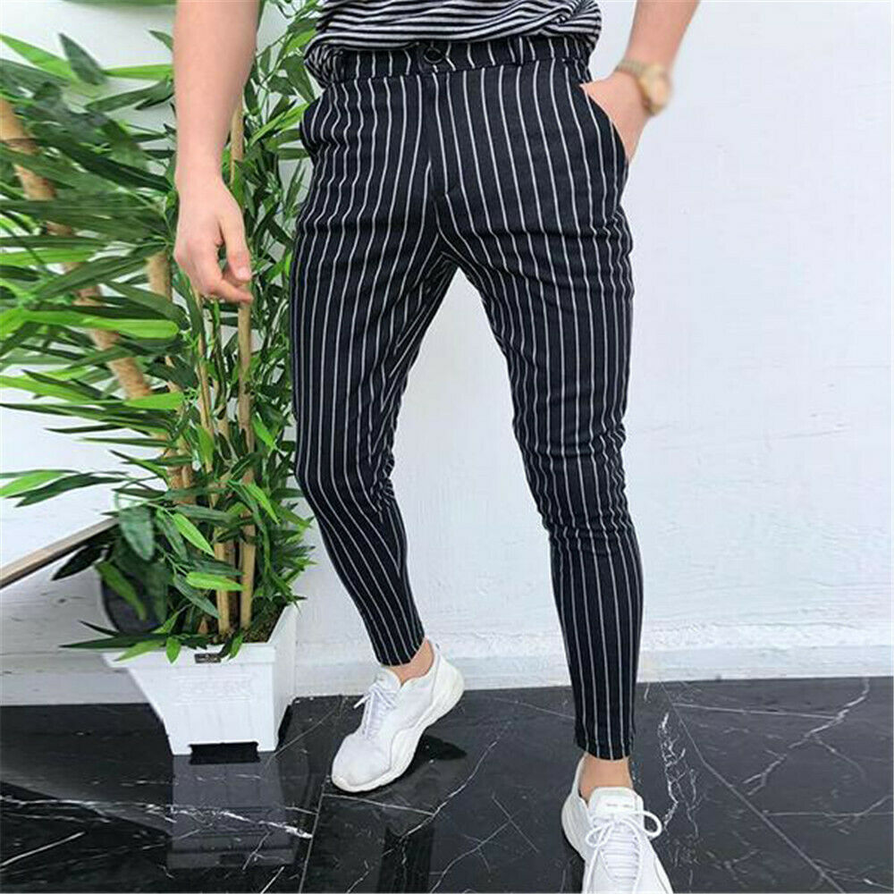 pantalones de rayas de para hombre pantalones de vestir ajustados informales de negocios pantalones largos de lápiz de botón para hombre S-2XL: Black / M