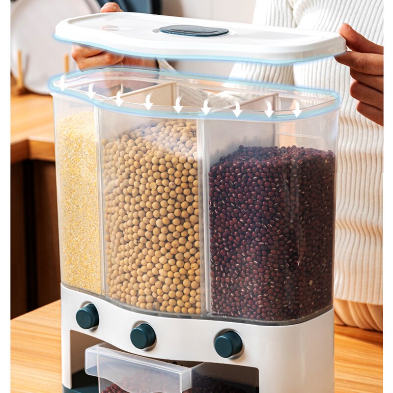 Plastic rice bucket for grains, household metering rice storage box, wall-mounted rice bucket, household kitchen grain dispenser