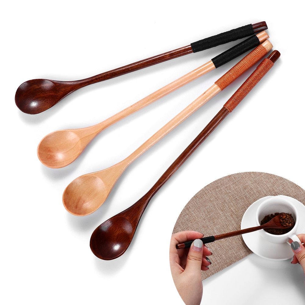Cucharas de madera tradicionales para niños, cuchara grande de mango largo, cucharas de madera para arroz, sopa, postre, café, té, mesa de estar para el hogar, 1 ud.